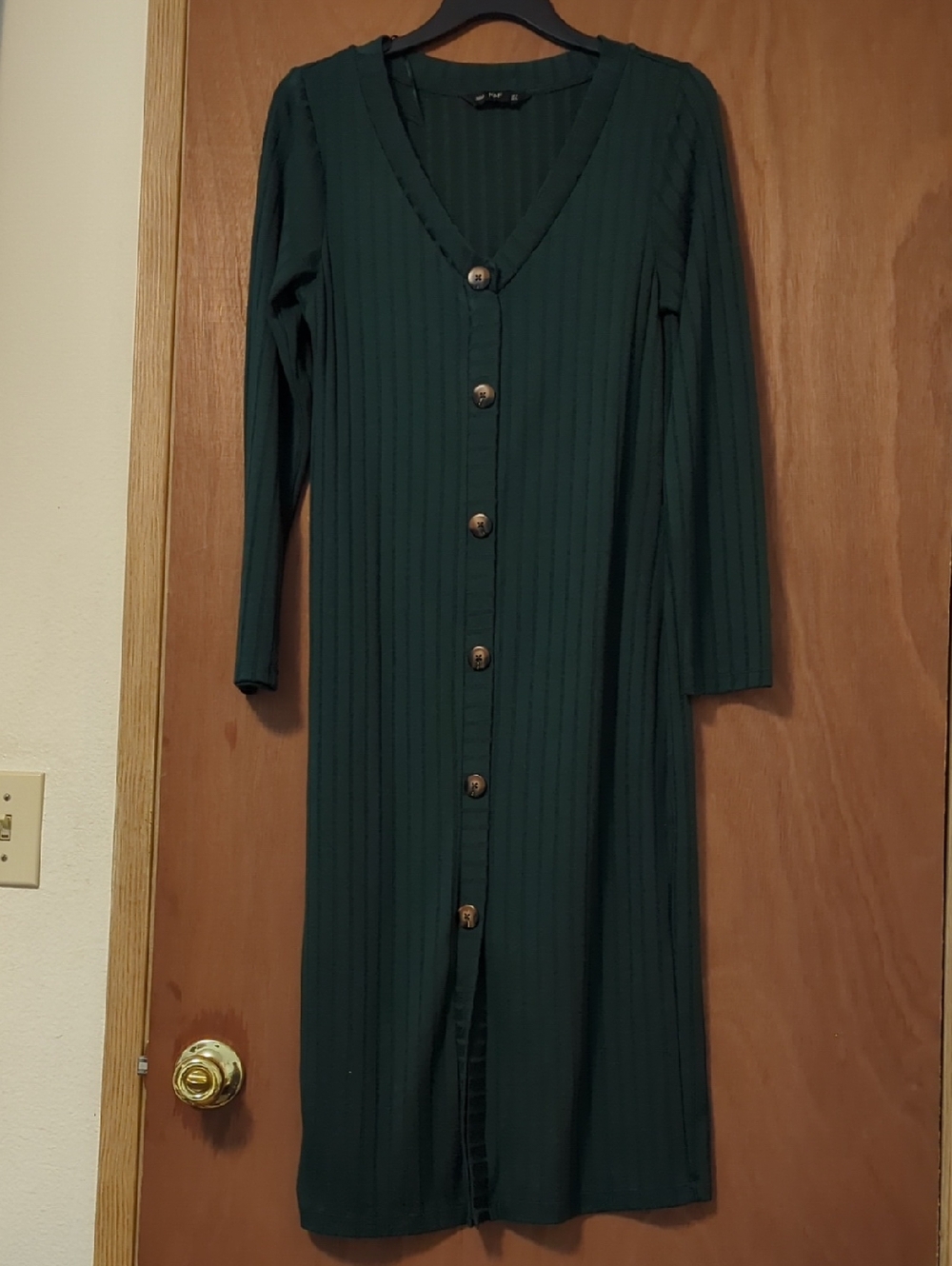 F&F Dark Green Ribbed Button-Front Long Sleeve Dress
